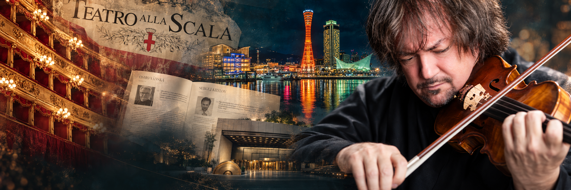 Artistic collage of Sergej Krylov playing violin, Teatro alla Scala, a London concert programme and Japan